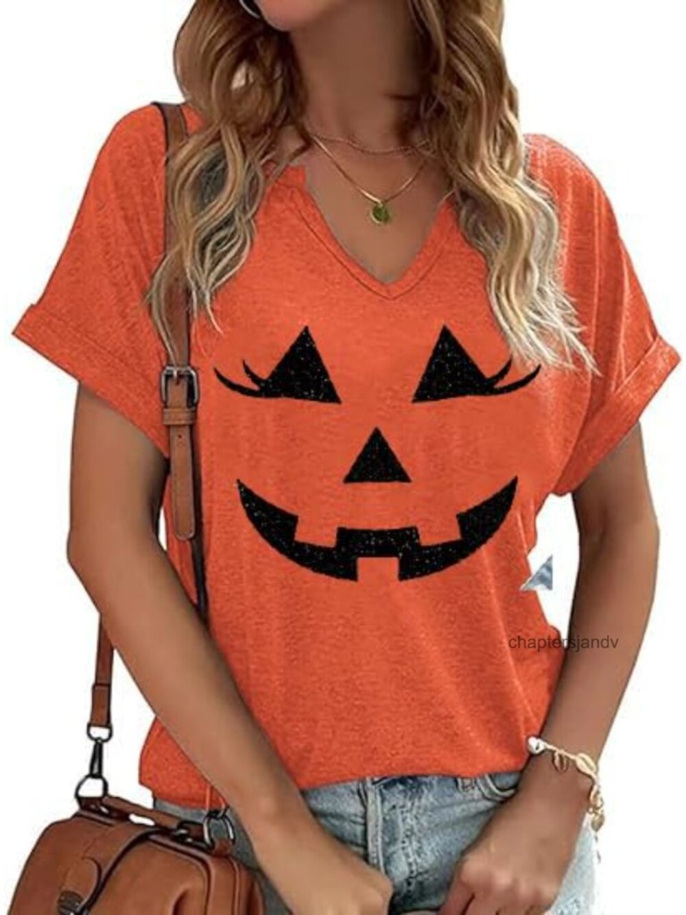 Women's V Neck Halloween Pumpkin Graphic T Shirt Fall Thanksgiving Tee